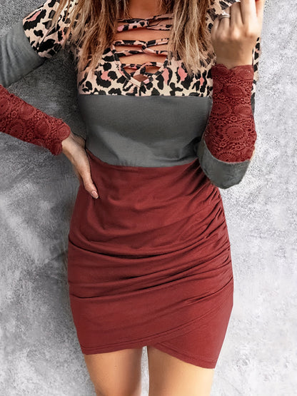 gbolsos Women's Sexy Dress, Plus Size Colorblock Leopard Print Contrast Lace Long Sleeve Criss Cross V Neck Ruched Bodycon Mini Dress
