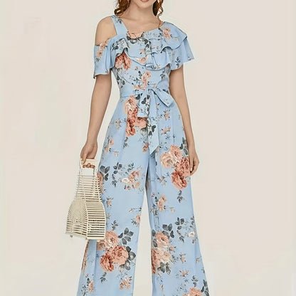 elveswallet  Floral Print Wide Leg Jumpsuit, Boho Ruffle Layered Hem Jumpsuit For Spring & Summer, Women's Clothing