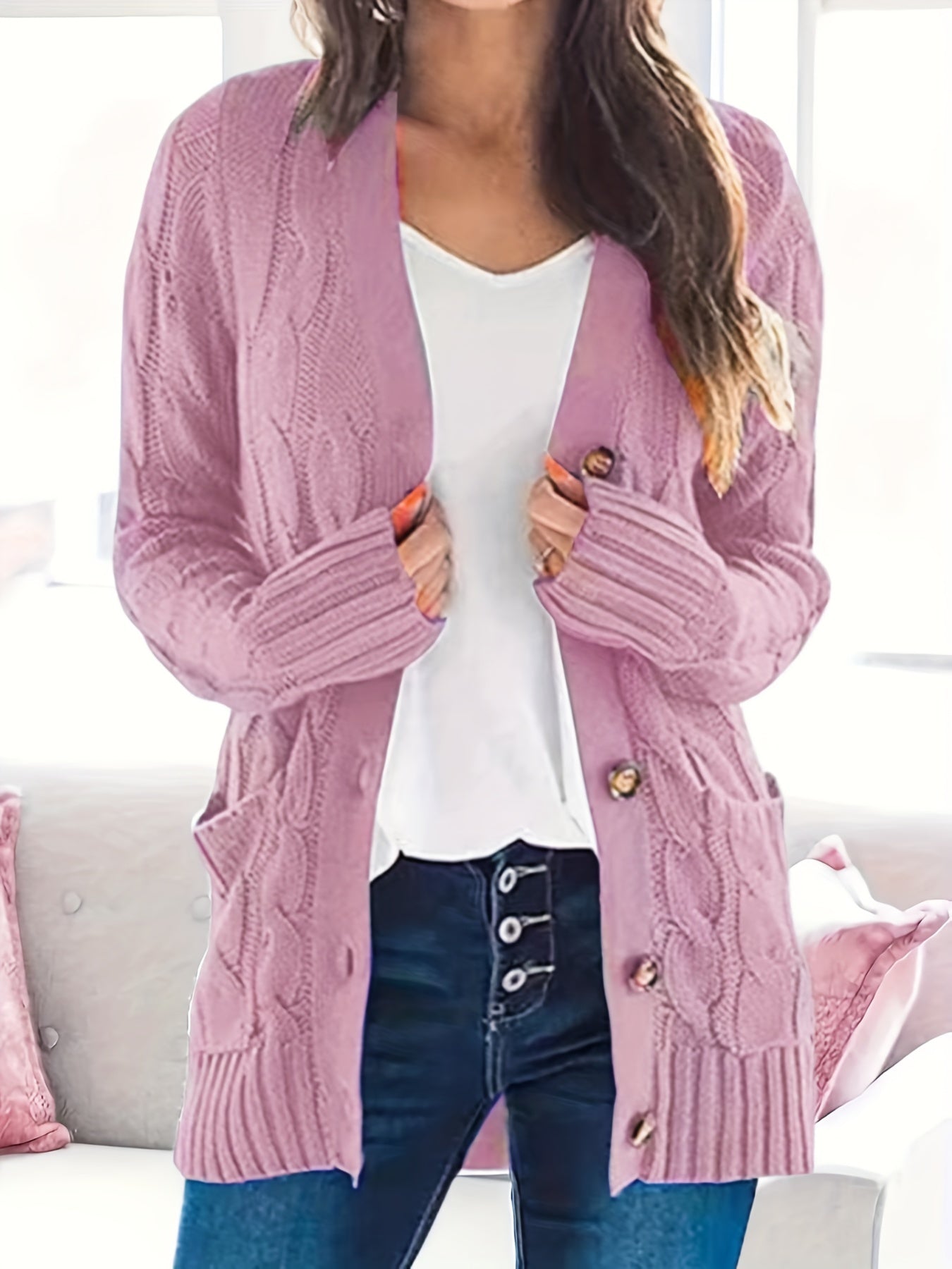 Cable Knit Button Front Cardigan, Casual Solid Long Sleeve Cardigan For Fall & Winter, Women's Clothing