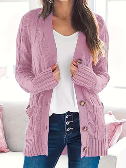 Cable Knit Button Front Cardigan, Casual Solid Long Sleeve Cardigan For Fall & Winter, Women's Clothing