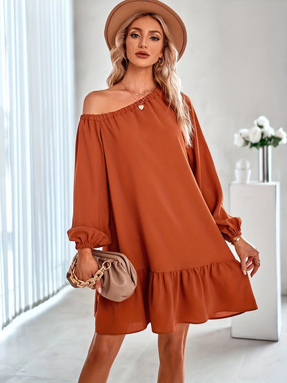 Solid One Shoulder Ruffle Hem Dress, Casual Long Sleeve Dress For Spring & Summer, Women's Clothing