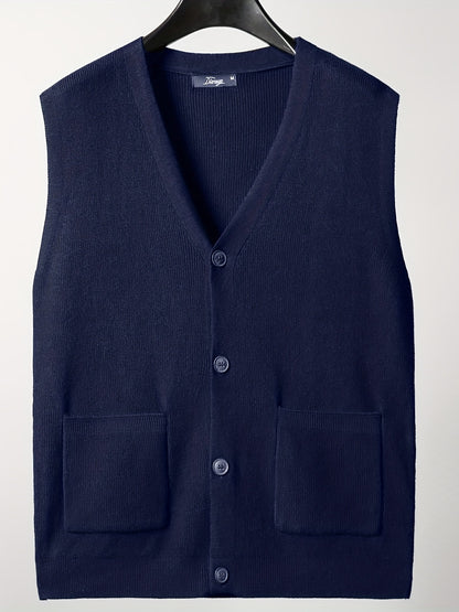 gbolsos  Loose Fit High Stretch Cardigan Vest, Men's Casual Vintage Style V Neck Button Up Cardigan Vest For Fall Winter
