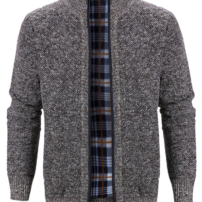 gbolsos  Warm Zip Up Jacket Sweater, Men's Casual Lapel Mid Stretch Slant Pocket Solid Color Cardigan For Fall Winter