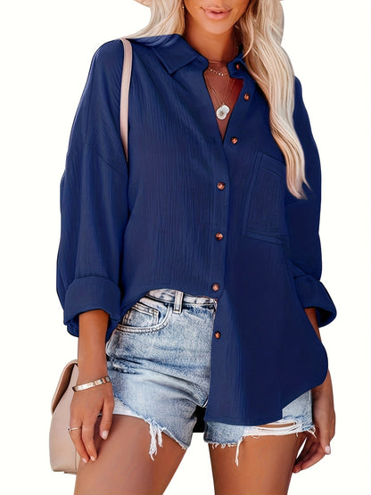 Solid Drop Shoulder Shirt, Casual Button Front Turn Down Collar Shirt With Pocket, Women's Clothing