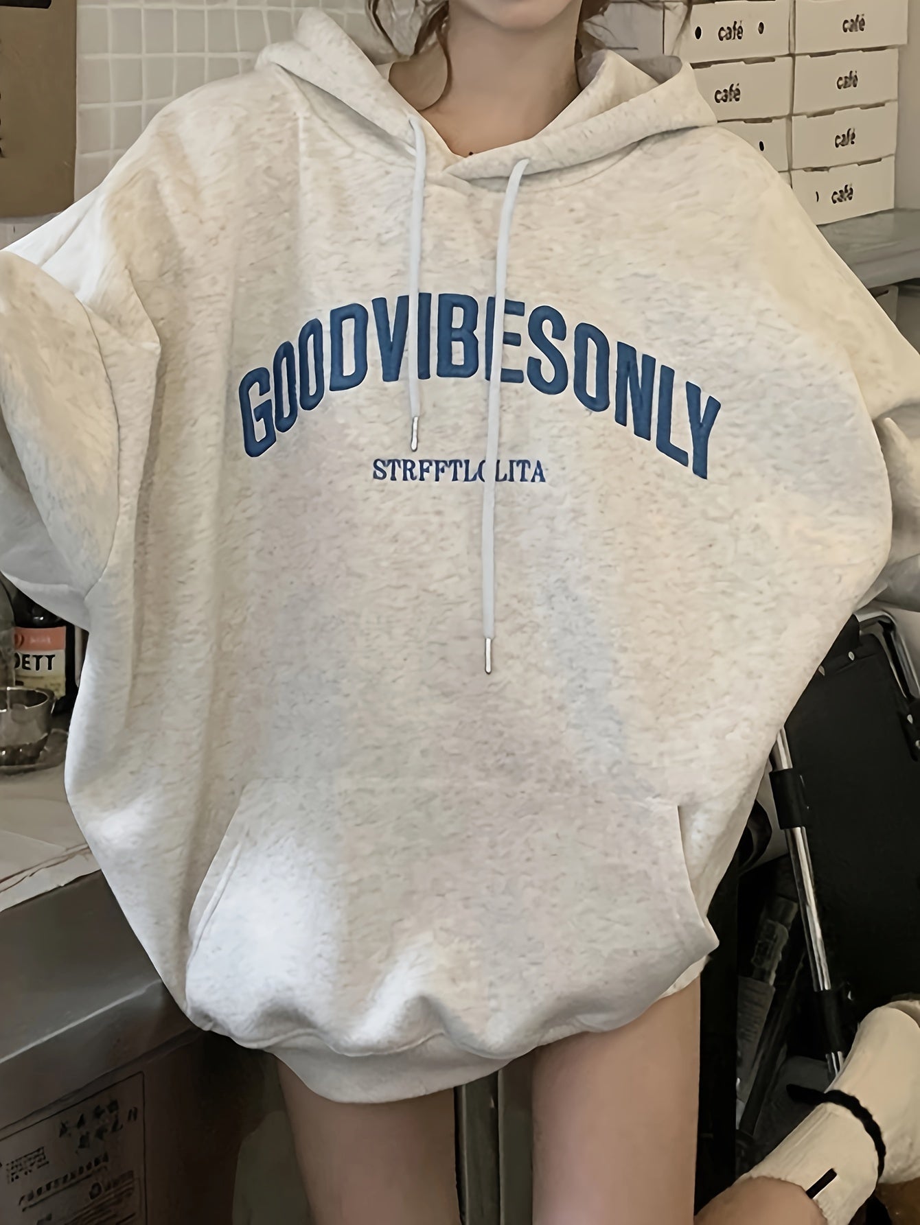 gbolsos  Letter Embroidered Loose Hoodie, Casual Drawstring Kangaroo Pocket Hoodies Sweatshirt, Women's Clothing
