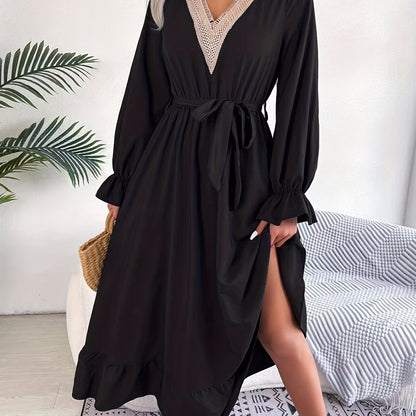 gbolsos  Guipure Lace Ruched Dress, Casual V Neck Long Sleeve Ruffle Hem Dress, Women's Clothing