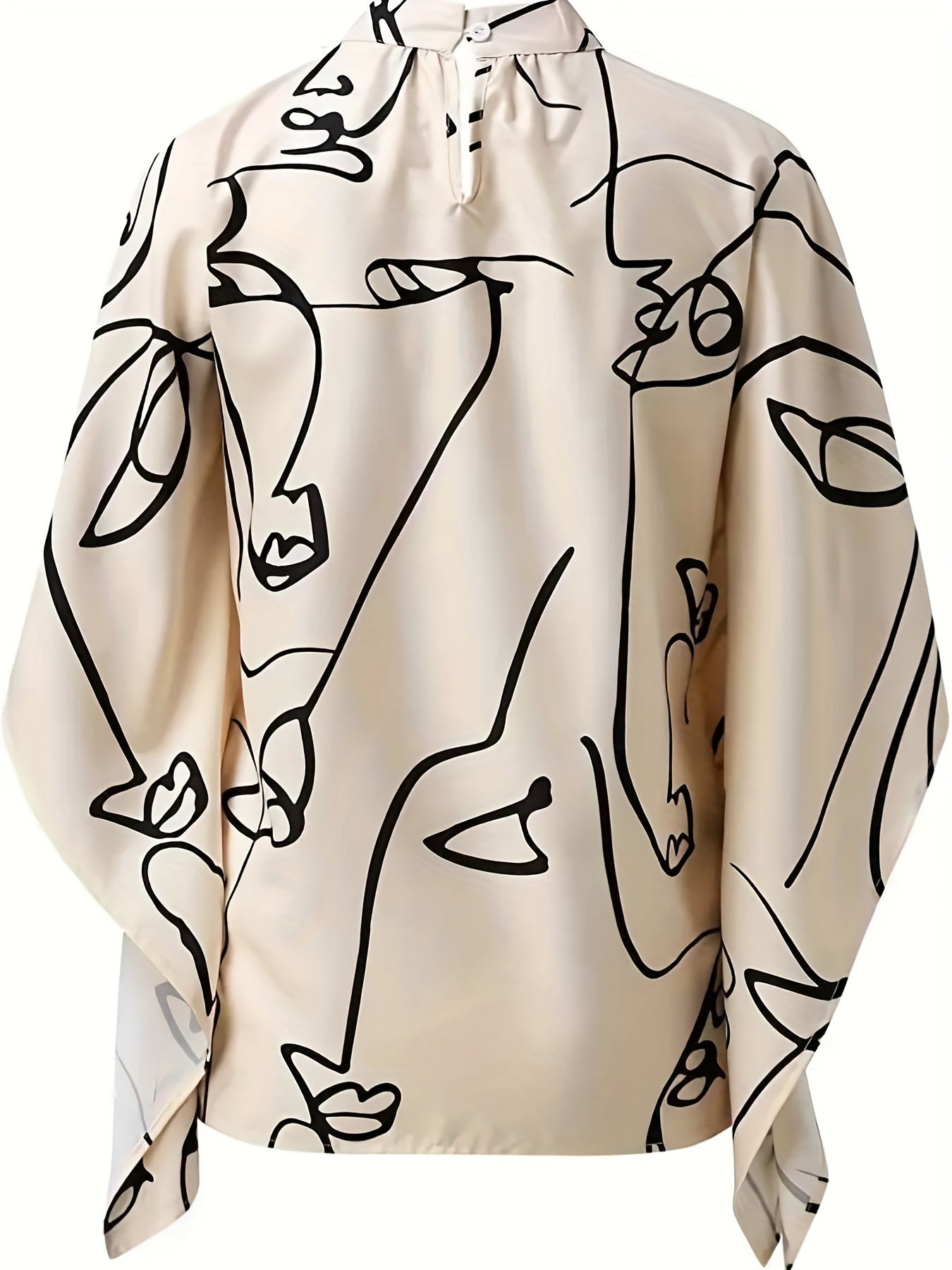 gbolsos  Plus Size Elegant Blouse, Women's Plus Letter Print Bat Sleeve Mock Neck Slight Stretch Blouse