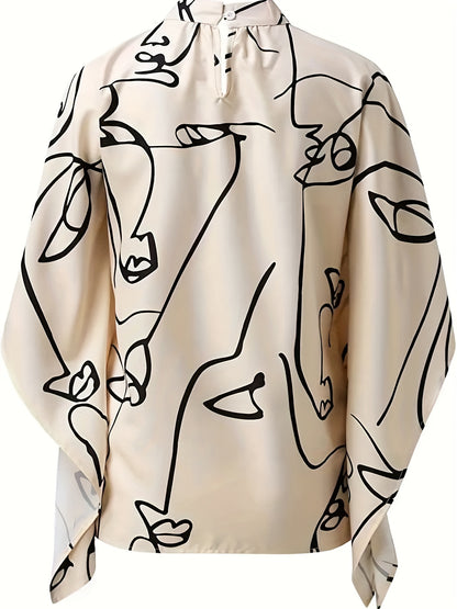 gbolsos  Plus Size Elegant Blouse, Women's Plus Letter Print Bat Sleeve Mock Neck Slight Stretch Blouse
