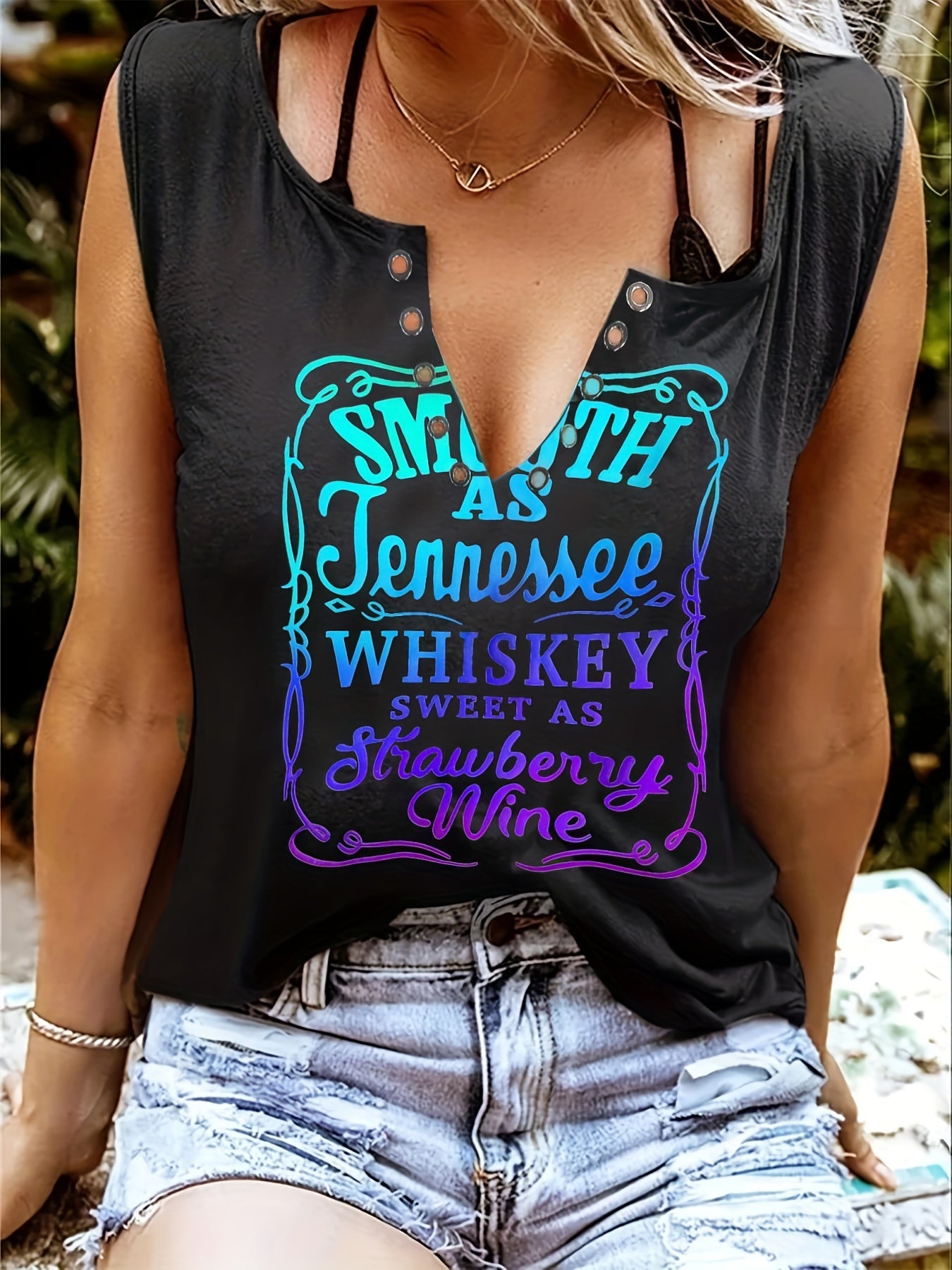 gbolsos  Whiskey Letter Print T-Shirt, Sleeveless Casual Every Day Top For Spring & Summer, Women's Clothing