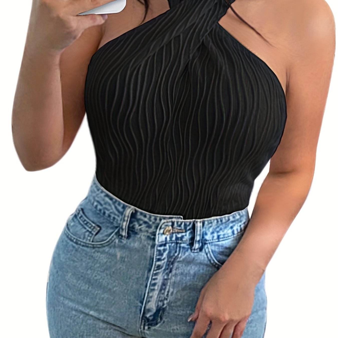 gbolsos  Textured Cross Halter Neck Top, Sexy Backless Halter Top For Summer, Women's Clothing