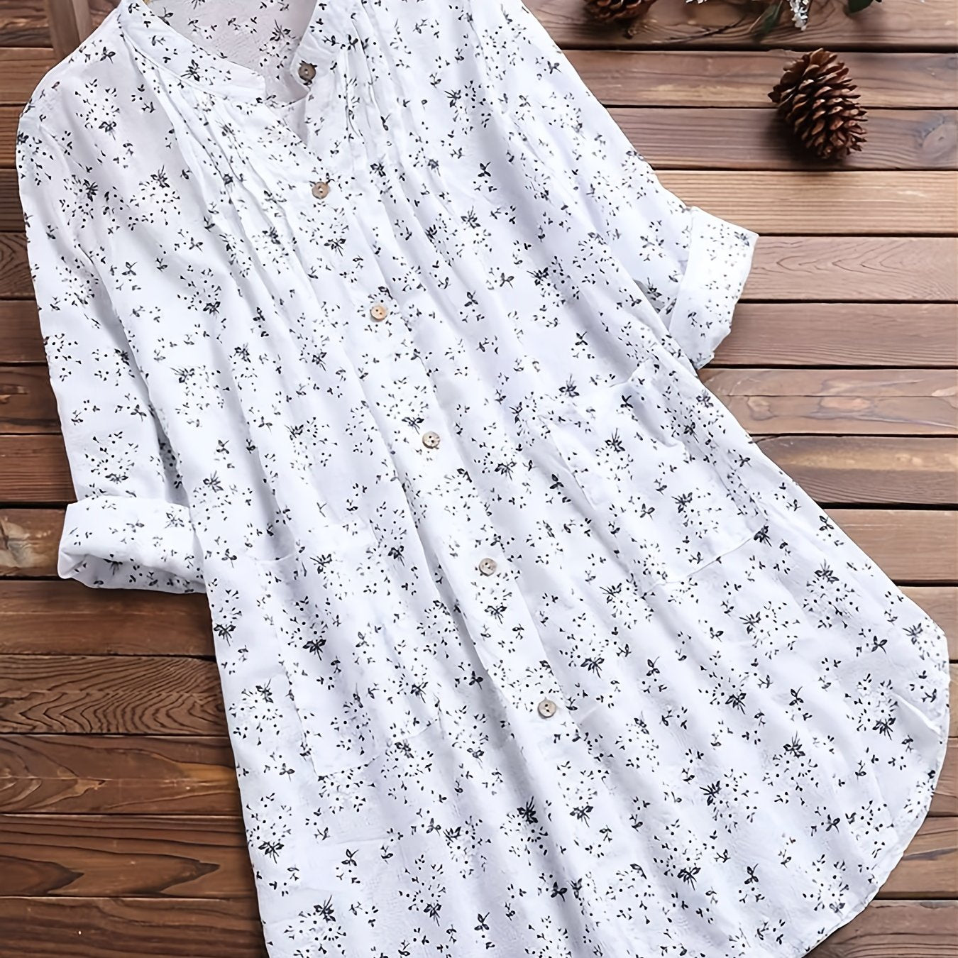 gbolsos  Ditsy Floral Print Button Front Dress, Casual Long Sleeve V Neck Midi Dress With Pocket, Women's Clothing