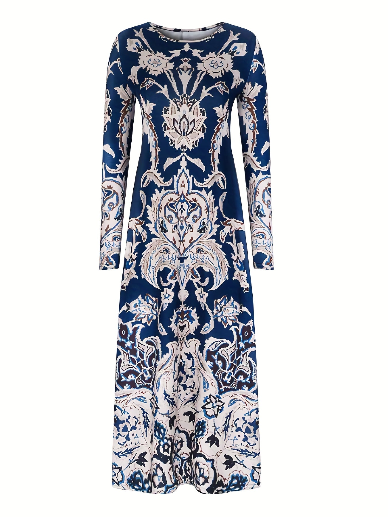 Plus Size Boho Dress, Women's Plus Floral Print Long Sleeve Round Neck High Stretch Maxi Dress