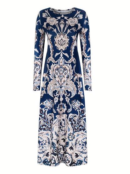 Plus Size Boho Dress, Women's Plus Floral Print Long Sleeve Round Neck High Stretch Maxi Dress