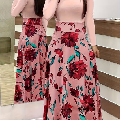 Floral Print Long Sleeve Dress, Elegant Crew Neck Pleated Maxi Dress, Women's Clothing