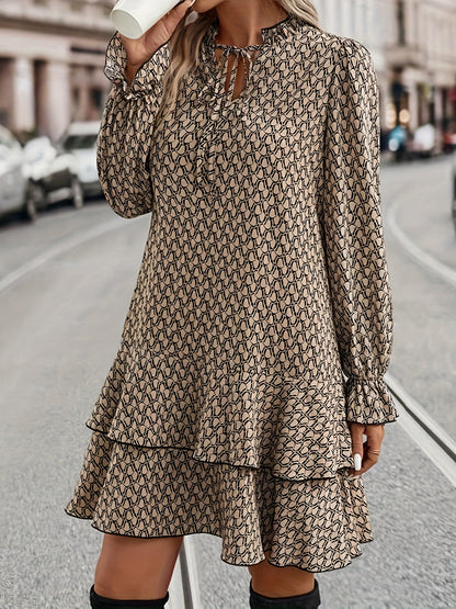 gbolsos  Allover Print Drawstring Dress, Casual V Neck Layered Long Sleeve Dress, Women's Clothing