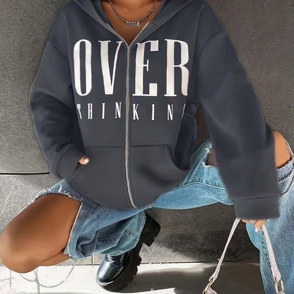 Letter Print Slant Pockets Zipper Hoodie, Casual Long Sleeve Hoodies Sweatshirt, Women's Clothing