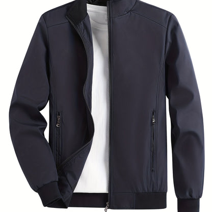 gbolsos  Men's Solid Color Zip-Up Stand Collar Jacket, Casual Loose Windbreaker Jacket For Sports Outdoors, Running