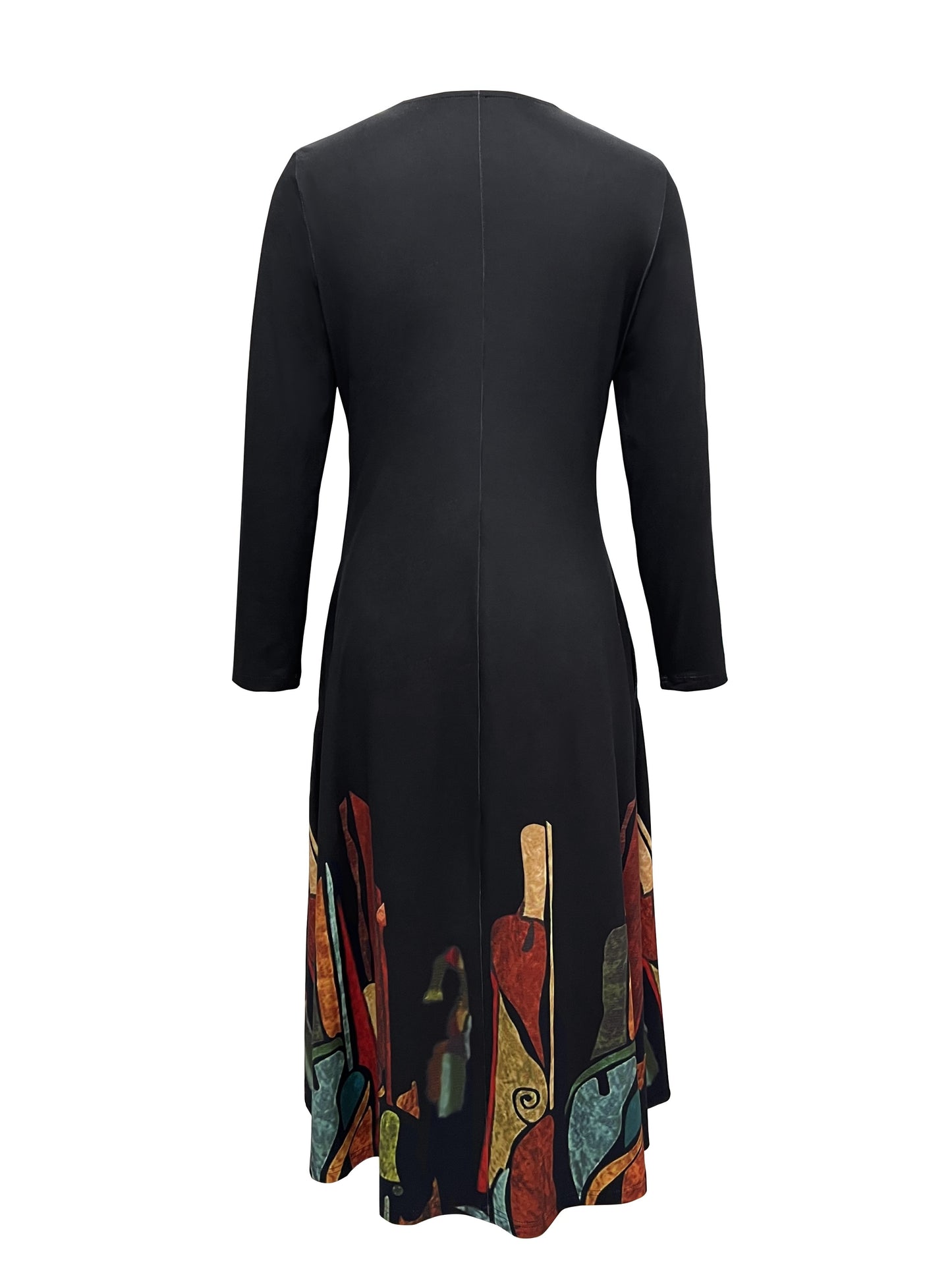 gbolsos  Ethnic Print Midi Dress, Elegant Crew Neck Long Sleeve Dress, Women's Clothing