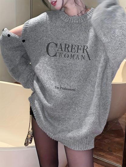 gbolsos  Letter Pattern Crew Neck Pullover Sweater, Casual Cold Shoulder Long Sleeve Loose Sweater, Women's Clothing