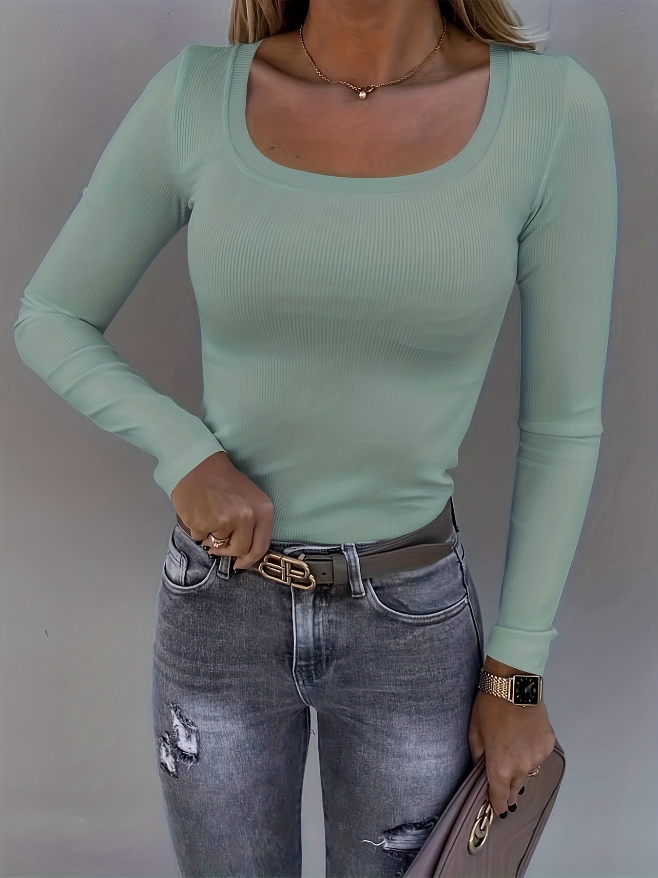 gbolsos  Ribbed Crew Neck T-Shirt, Casual Slim Long Sleeve Top For Spring & Fall, Women's Clothing