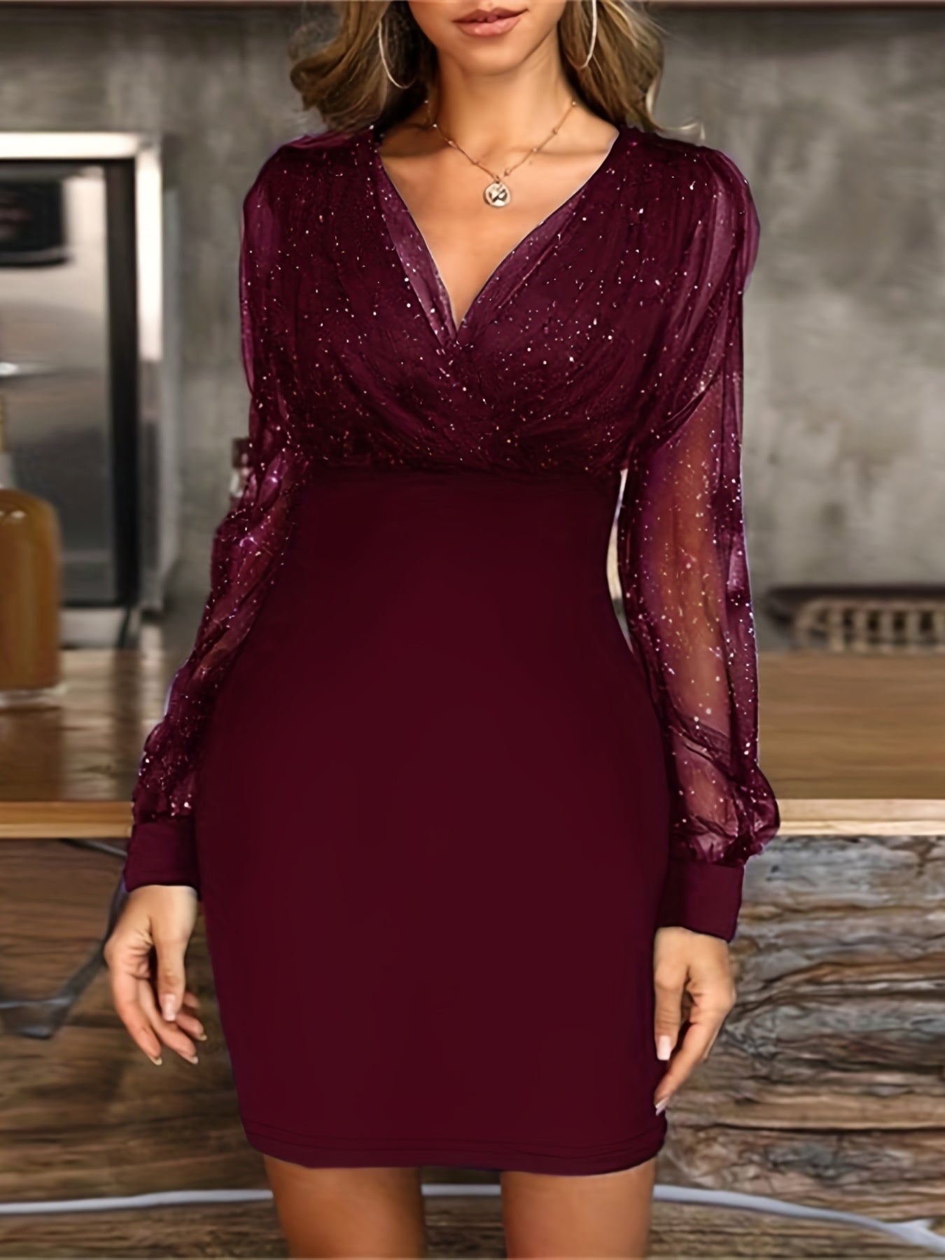 gbolsos  Solid Sequin Stitching Lace Long Sleeve Dress, Elegant Mesh Slim Sexy Party Dress, Women's Clothing