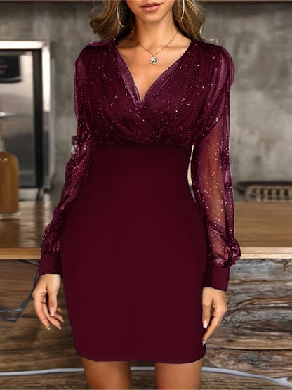 gbolsos  Solid Sequin Stitching Lace Long Sleeve Dress, Elegant Mesh Slim Sexy Party Dress, Women's Clothing