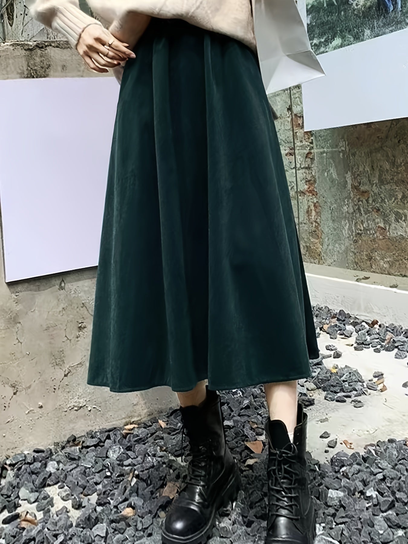 gbolsos  Plus Size Casual Skirt, Women's Plus Solid Elastic High Rise Swing Maxi Skirt With Pockets