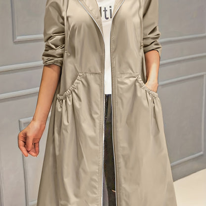 Plus Size Casual Trench Coat, Women's Plus Solid Long Sleeve Hooded Drawstring Zipper Longline Trench Coat With Pockets