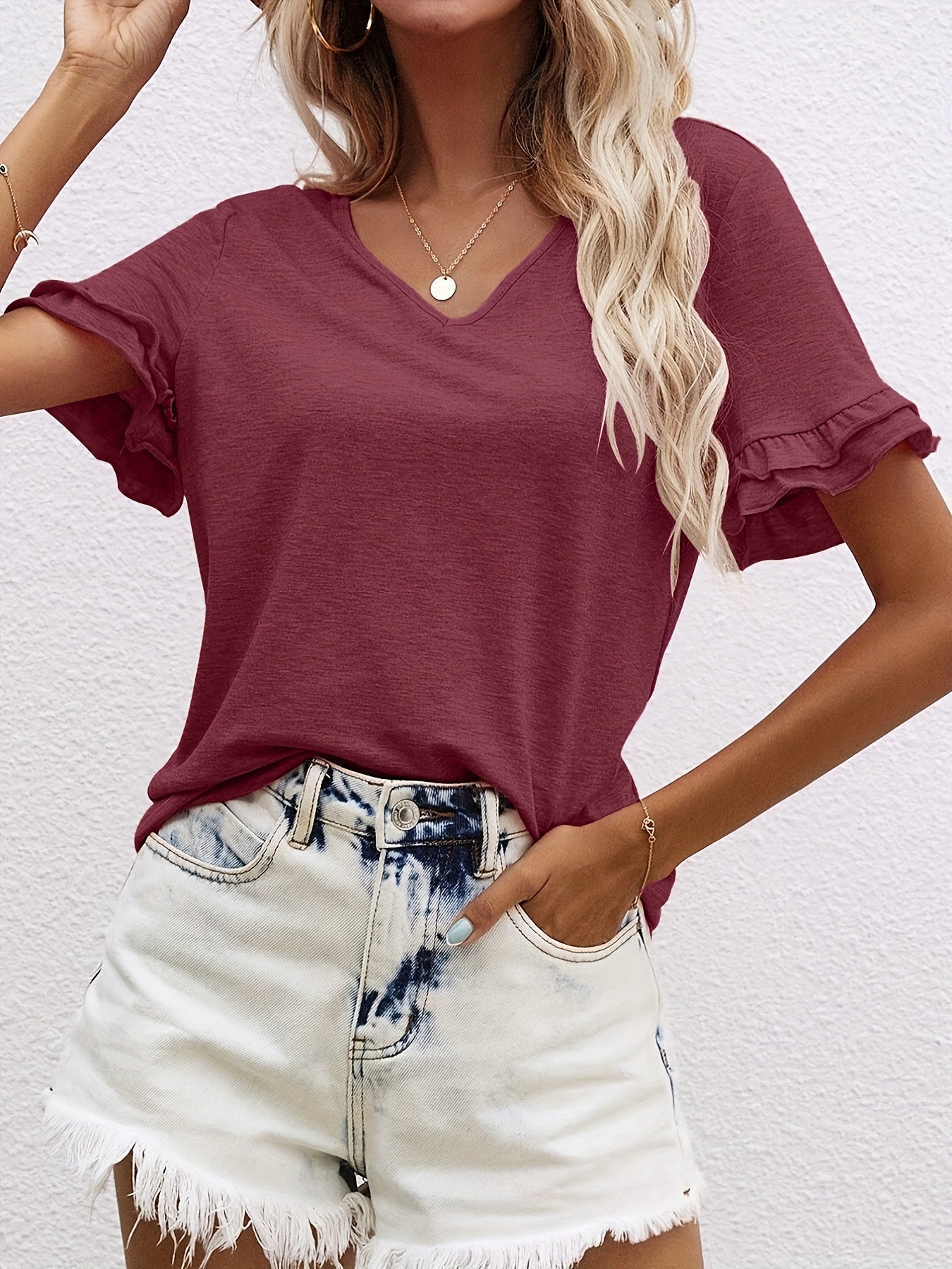 2025 gbolsos  Ruffle Hem V Neck T-Shirt, Casual Short Sleeve T-Shirt For Spring & Summer, Women's Clothing