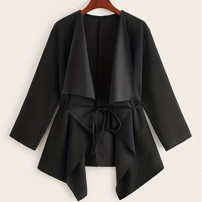 Plus Size Casual Coat, Women's Plus Solid Long Sleeve Waterfall Collar Asymmetric Hem Overcoat With Belt