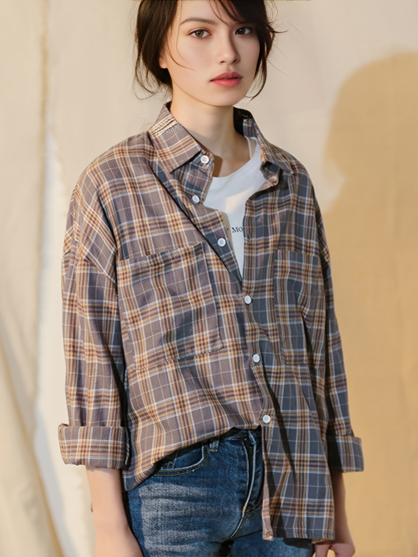 gbolsos  Plaid Drop Shoulder Shirt, Casual Patched Pocket Loose Shirt For Spring & Fall, Women's Clothing