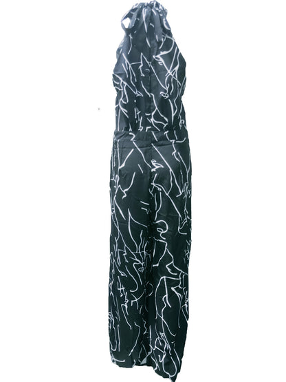 gbolsos  Elegant Tie Waist Halter Jumpsuit, Casual Floral Print Sleeveless Summer Wide Leg Jumpsuit, Women's Clothing