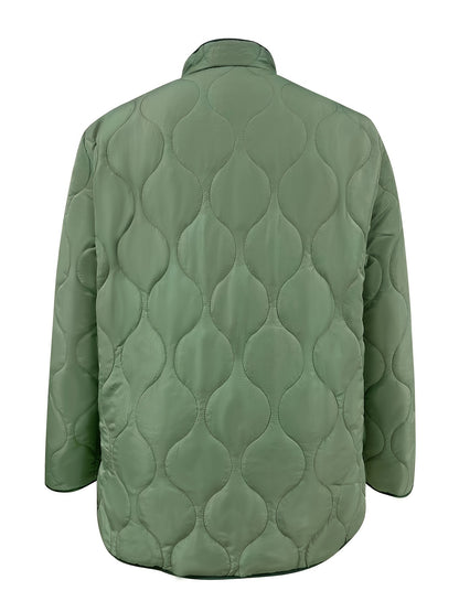 gbolsos  Plus Size Casual Coat, Women's Plus Solid Quilted Long Sleeve Button Up Mock Neck Coat With Pockets