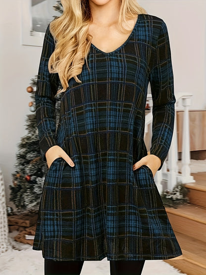 gbolsos  Plaid V Neck Dress, Casual Long Sleeve Dress, Women's Clothing