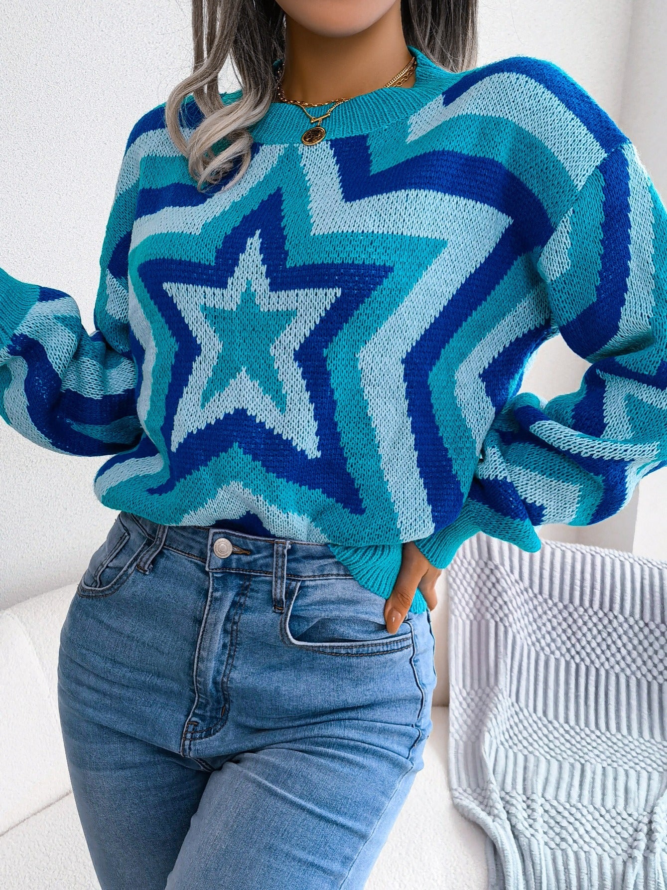 2025 gbolsos  Women's Sweater Drop Shoulder Crew Neck Colorblock Star Print Pullover Sweater