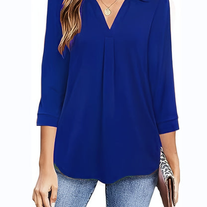 gbolsos  Plus Size Casual Blouse, Women's Plus Solid Half Sleeve Turn Down Collar Tunic Top