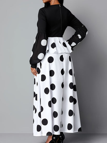 gbolsos  Color Block Polka Dot V Neck Long Sleeve Dress, Elegant High Tie Waist Flared Maxi Dress, Women's Clothing