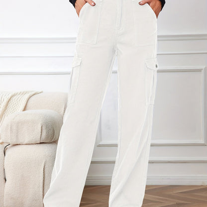 gbolsos Plain White Side Flap Pocket Cargo Jeans, High Rise Casual Loose Fit Denim Pants, Women's Denim Jeans & Clothing