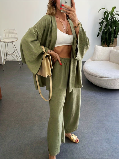 Plus Size Casual Overcoat, Women's Plus Solid Long Sleeve Slight Stretch Kimono Cardigan