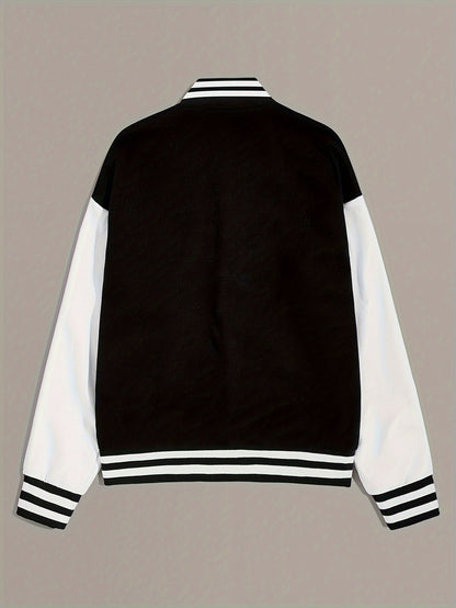 gbolsos  Color Block Letter Print Bomber Jacket, Casual Crop Button Front Pockets Jacket, Women's Clothing