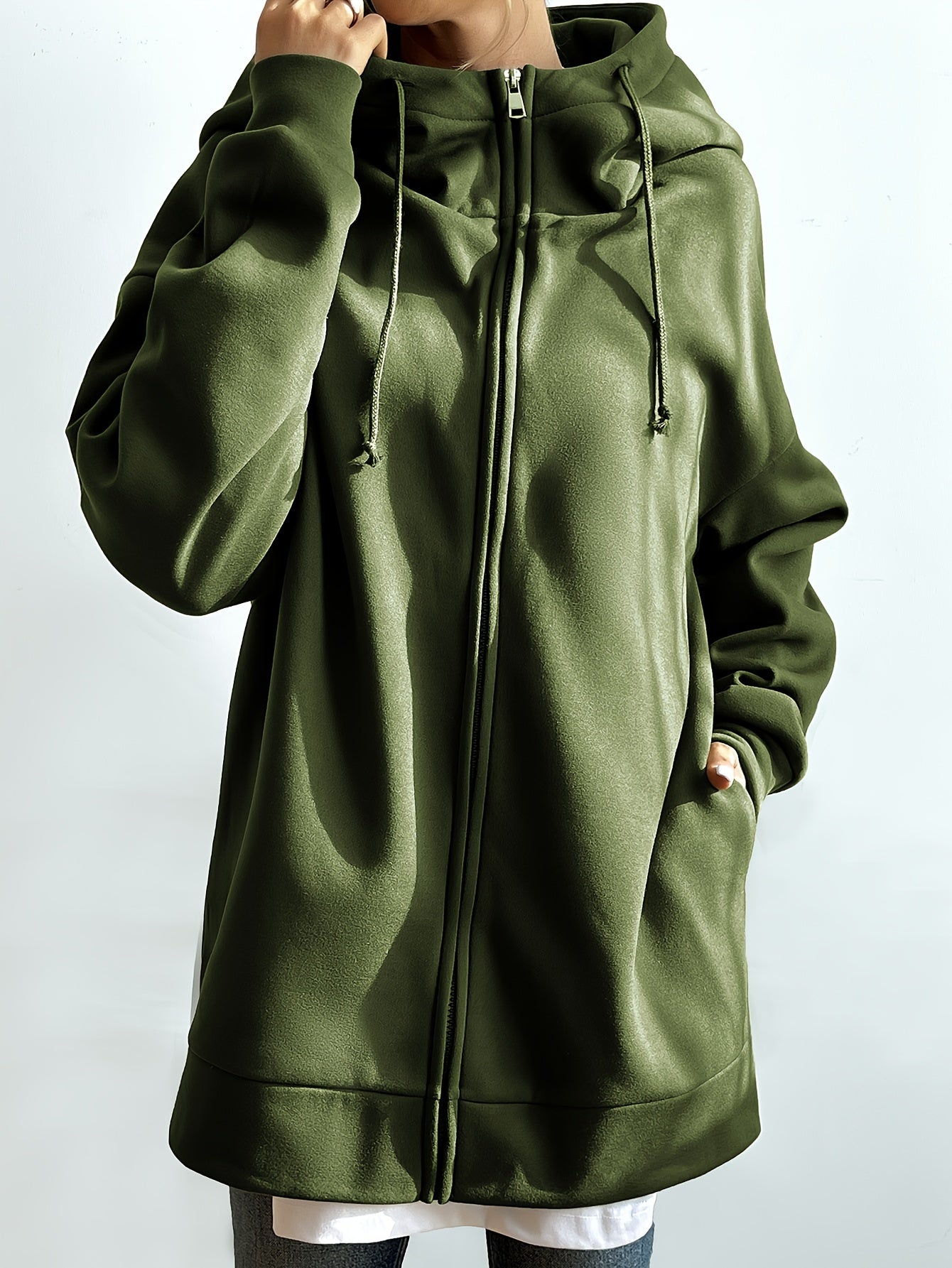 gbolsosSolid Color Casual Sports Hooded Zipper Sweatshirs, Long Sleeve Drawstring Hoodie, Women's Sporty Sweatshirts