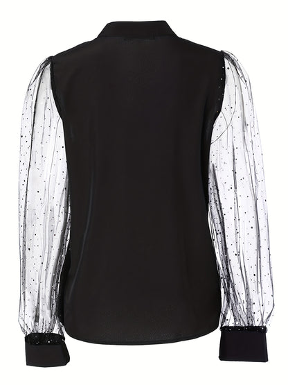 gbolsos  Solid Sheer Sleeve Blouse, Elegant V Neck Blouse For Spring & Fall, Women's Clothing