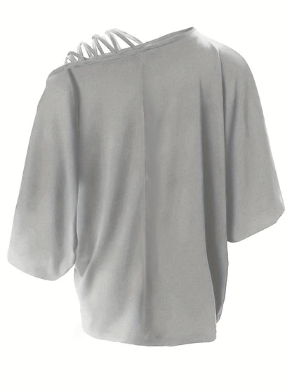 2025 gbolsos  Cold Shoulder Criss Cross T-Shirt, Casual Crew Neck Long Sleeve T-Shirt For Spring & Summer, Women's Clothing