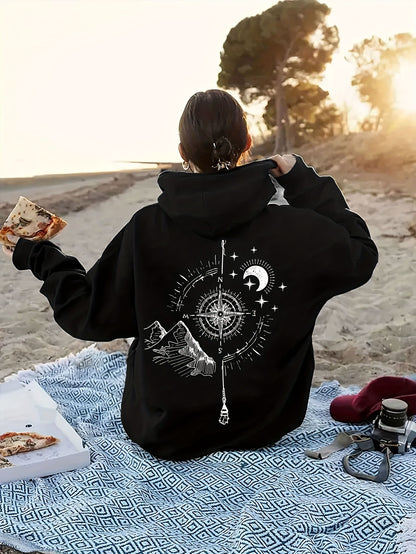 gbolsos  Mountain & Moon Print Hoodie, Casual Long Sleeve Hooded Sweatshirt, Women's Clothing