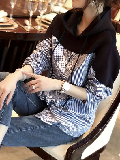gbolsos  Patchwork Striped Print Button Hoodie, Casual Cuff Sleeve Drawstring Hoodies Sweatshirt, Women's Clothing