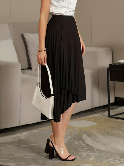 Solid Pleated Skirts, Elegant Asymmetrical High Waist A Line Skirts, Women's Clothing