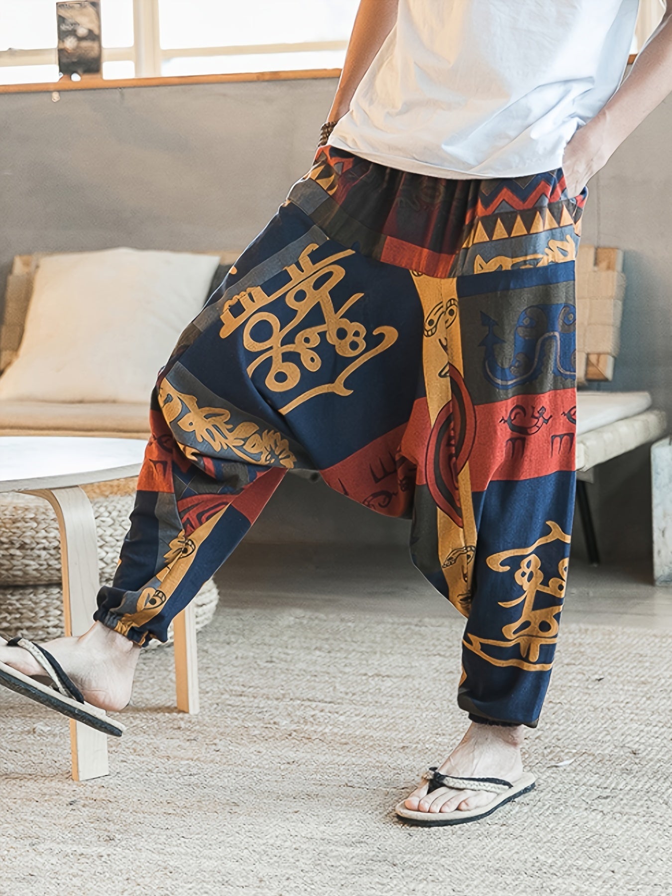 gbolsos Ethnic Pattern Vintage Cotton Harem Pants, Men's Casual Drop Crotch Jogging Harem Pants For Spring Summer
