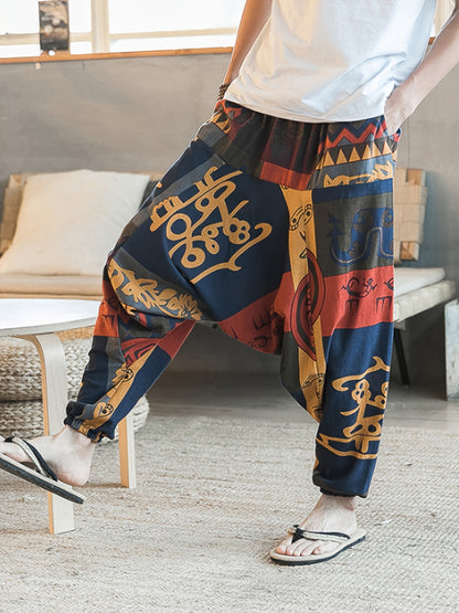 gbolsos Ethnic Pattern Vintage Cotton Harem Pants, Men's Casual Drop Crotch Jogging Harem Pants For Spring Summer