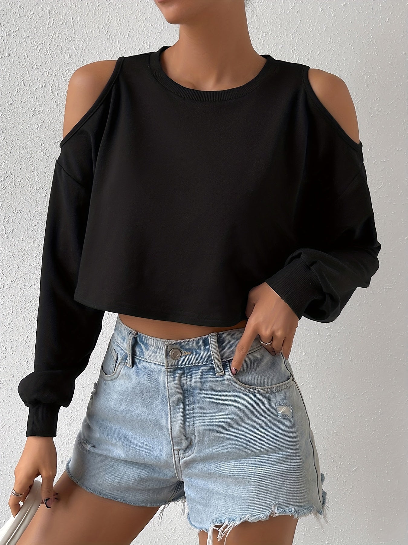 gbolsos  Solid Cold Shoulder Crop Pullover Sweatshirt, Sexy Long Sleeve Crew Neck Sweatshirt For Spring & Fall, Women's Clothing