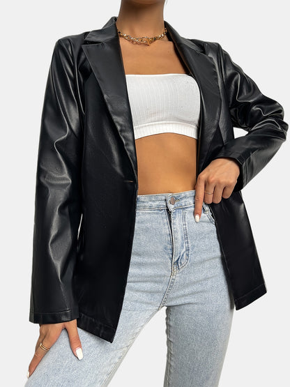 gbolsos  Solid Lapel Faux Leather Long Sleeve Jacket, Elegant Open Front Stylish Outerwear, Women's Clothing